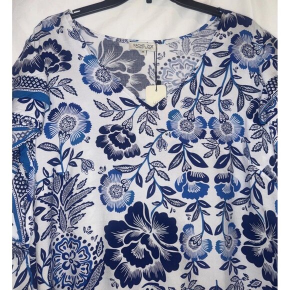 Rachel Zoe Women’s Blue Floral Flutter Sleeve V Neck Blouse Top Size 2X NEW - Picture 2 of 9